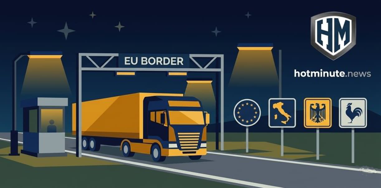 Stipendio autista CE 2026: guadagni reali tra Italia ed estero camion arancione e blu che attraversa un checkpoint notturno al confine UE con cartelli di italia germania e francia