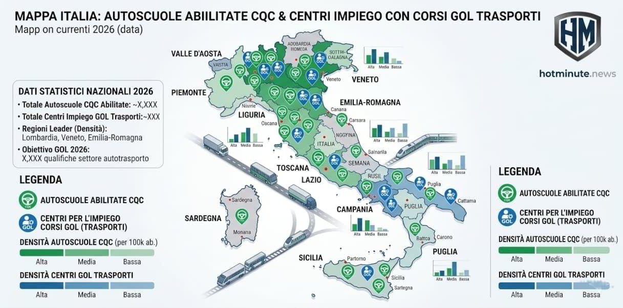 Autista professiponista: mappa dell’Italia con evidenziate le regioni e la distribuzione di autoscuole abilitate CQC e centri per l’impiego che offrono corsi GOL nel settore trasporti, con icone e indicatori di densità regionale.