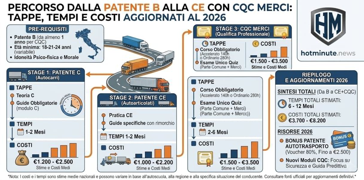 Autista professionista Percorso 2026 per diventare autista professionista: tappe, tempi e costi dalla patente B alla CE con CQC Merci.