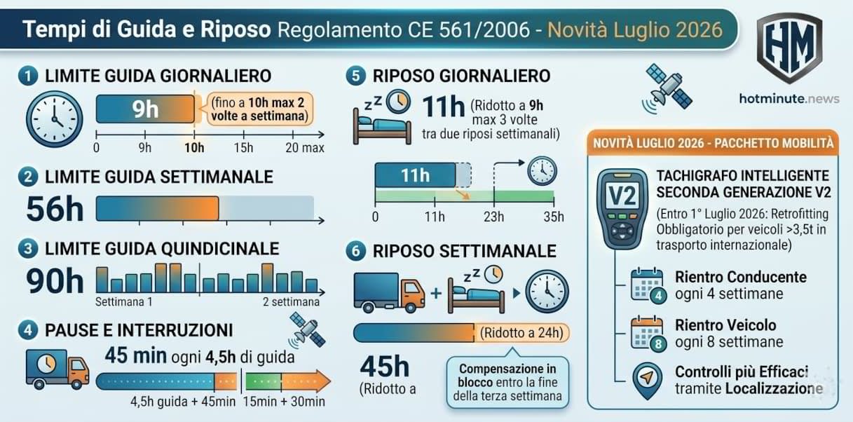 Tempi di guida e riposo 2026: tutte le novità per autisti professionisti, tachigrafo intelligente e regole europee aggiornate.