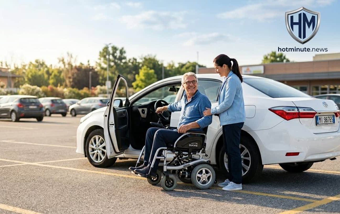 Auto disabili: IVA 4% applicata ai veicoli per persone con disabilità, con scena di assistenza al trasferimento dalla carrozzina all’auto.