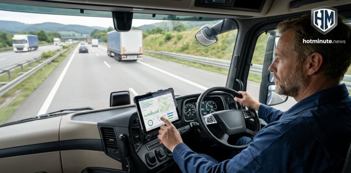 Autista in cabina camion che utilizza strumenti digitali per il lavoro nell’autotrasporto 2026