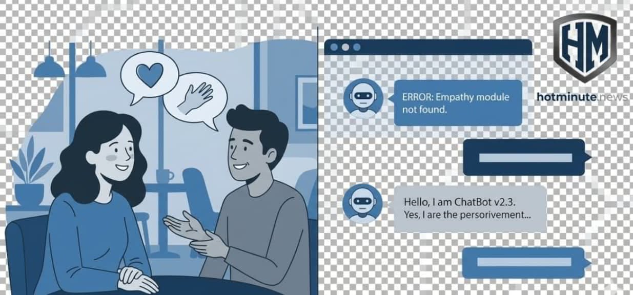 Illustrazione divisa tra due persone che parlano con empatia in un bar e un chatbot che mostra messaggi di errore, a contrasto tra comunicazione umana ed esperienza digitale impersonale.