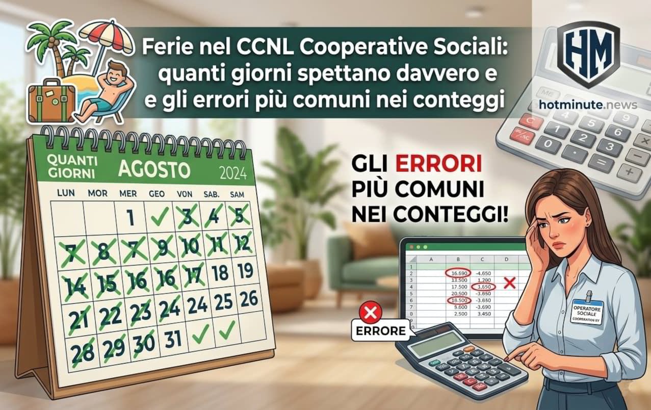 Ferie nel CCNL Cooperative Sociali: calendario dei giorni spettanti e rappresentazione degli errori più comuni nei conteggi.