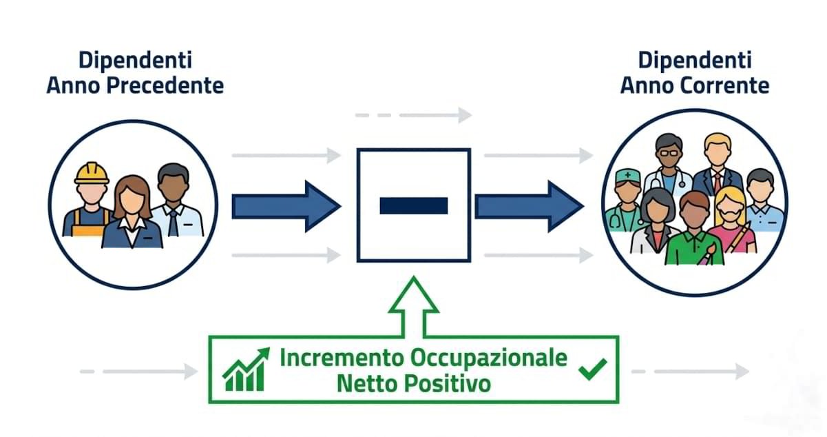 Grafico confronto dipendenti anno precedente e anno corrente con incremento occupazionale netto positivo e icone lavoratori