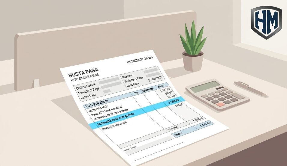 Illustrazione in stile minimal di una busta paga su una scrivania da ufficio, con la voce indennità ferie non godute evidenziata in azzurro accanto a una calcolatrice.