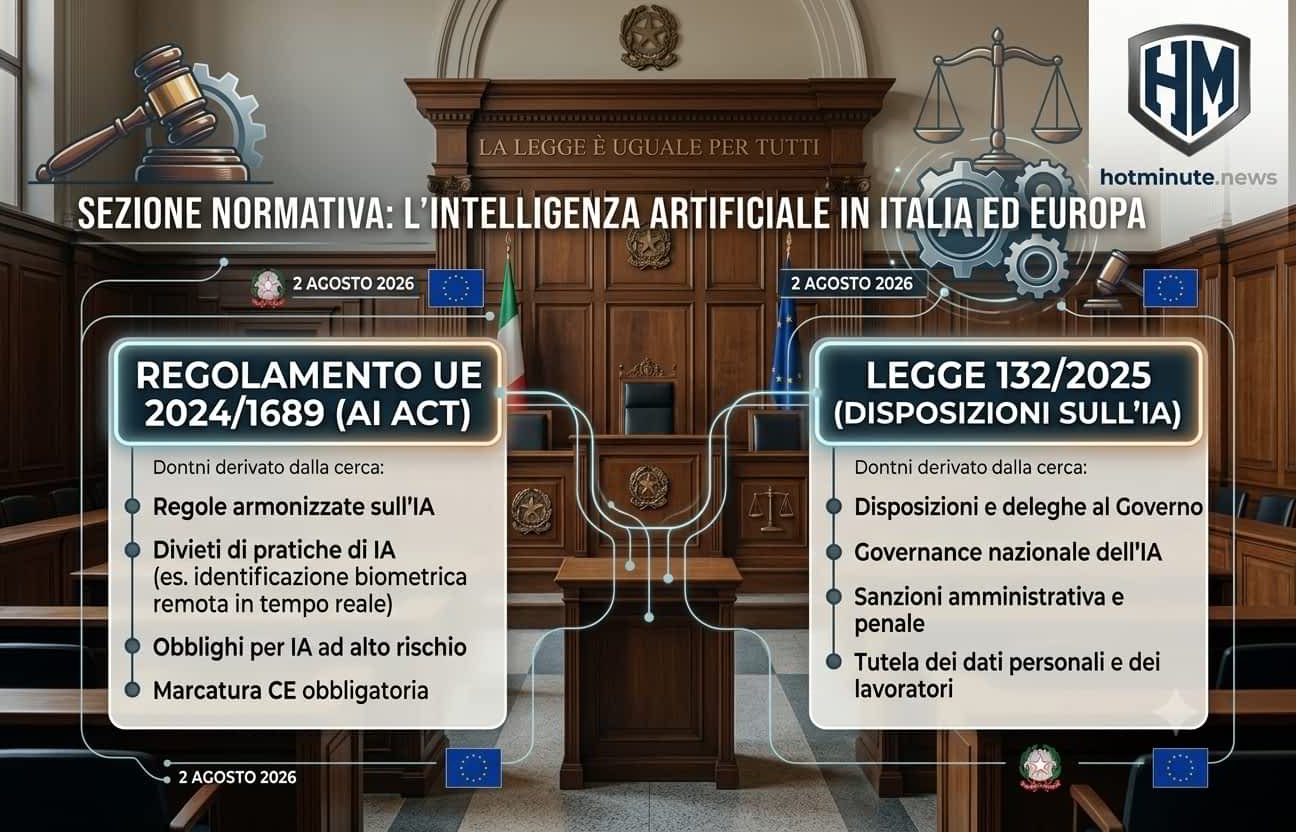 “Aula di tribunale con infografica sulla normativa IA: perché l’intelligenza artificiale non può sostituire un avvocato