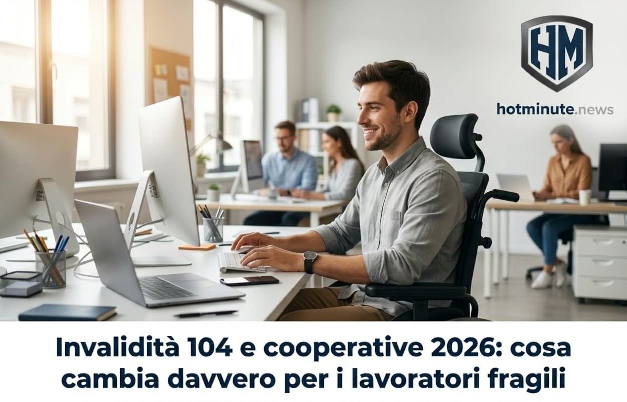 Impiegato in ufficio mentre lavora al computer, tema Invalidità 104 e cooperative 2026 per la tutela dei lavoratori fragili.