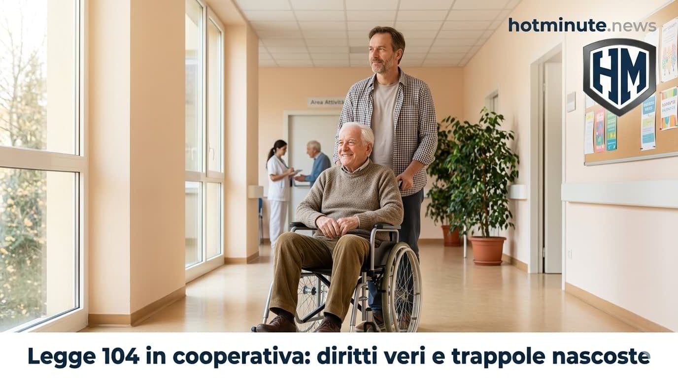 Legge 104 in cooperativa: operatore che assiste una persona in carrozzina in una struttura, tra diritti e possibili criticità