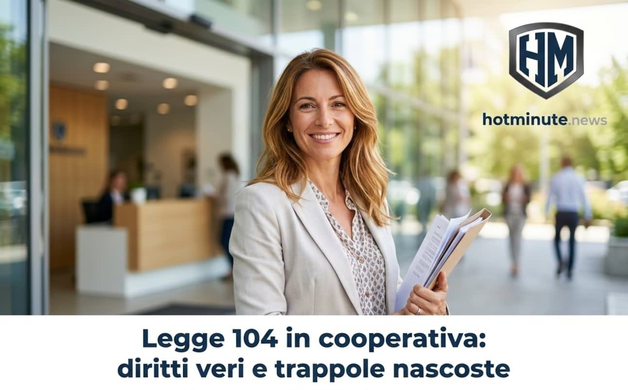 Legge 104 in cooperativa: lavoratore davanti alla sede aziendale mentre valuta diritti e possibili trappole nascoste