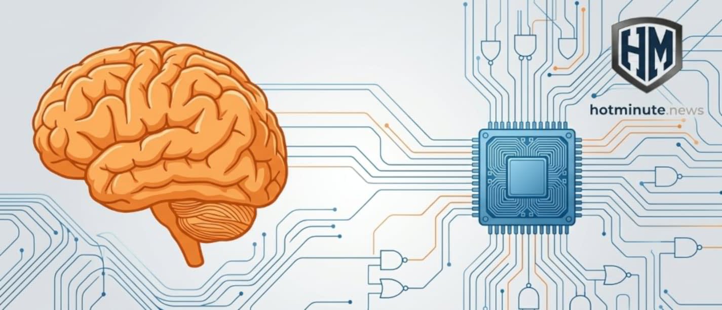 Perché l'AI non può aiutarti nei traum, illustrazione con un cervello umano collegato a un microchip tramite linee digitali su sfondo tecnologico.