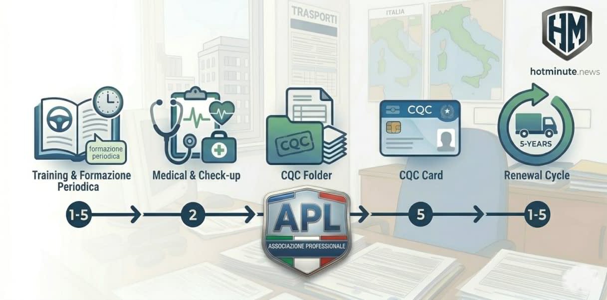 infografica sul rinnovo cqc con formazione periodica visite mediche documenti necessari e scadenze quinquennali