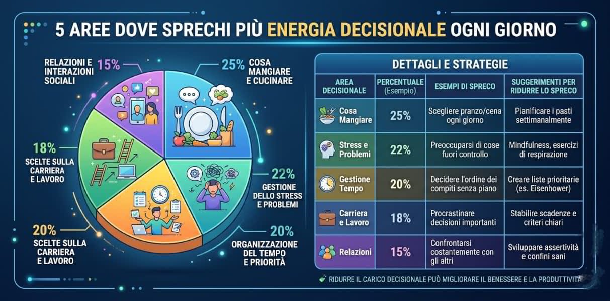 Infografica sulle principali aree di spreco decisionale quotidiano e strategie per semplificare la vita