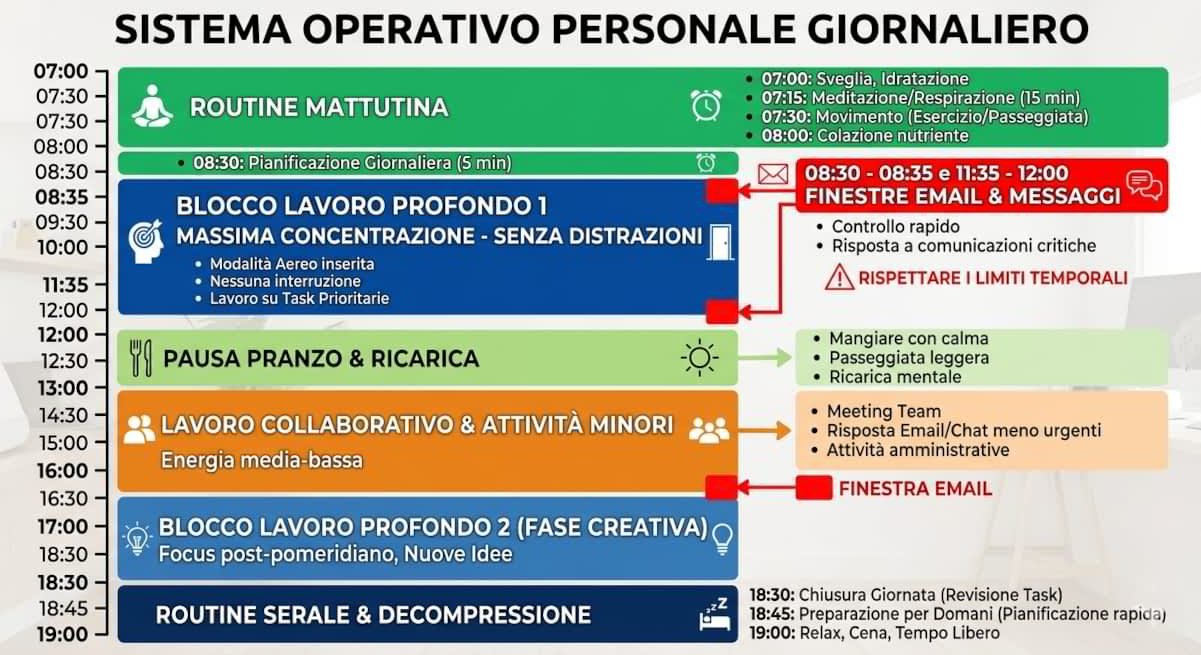 Infografica con schema giornaliero strutturato per ottimizzare energia focus e produttività