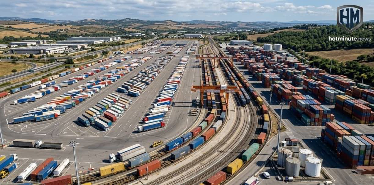 Grande terminal intermodale in piena attività che mostra l’evoluzione della logistica 2026