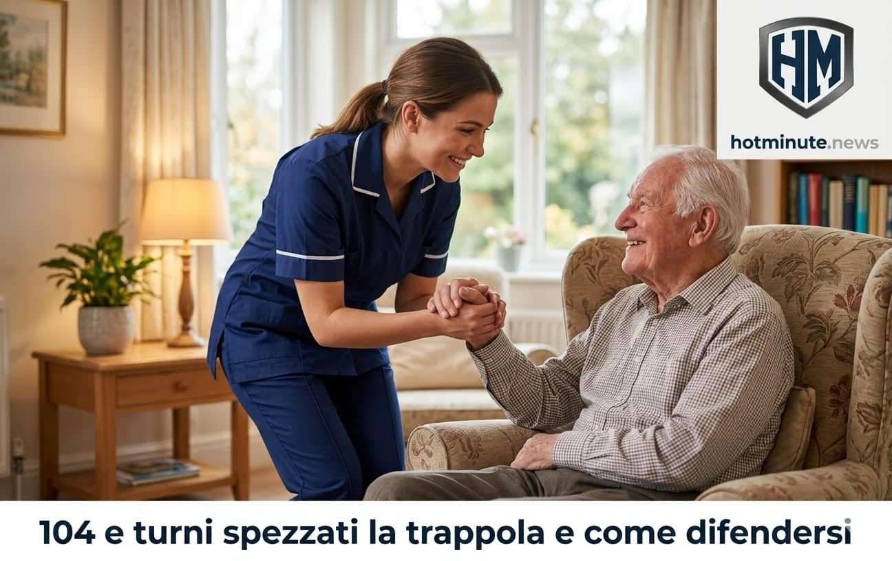 Infermiera che assiste un’anziana in casa, tema 104 e turni spezzati