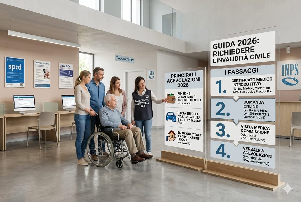Come richiedere l’invalidità civile Persone in un ufficio INPS mentre una operatrice del patronato spiega i passaggi per richiedere l’invalidità civile 2026 davanti a un pannello informativo.