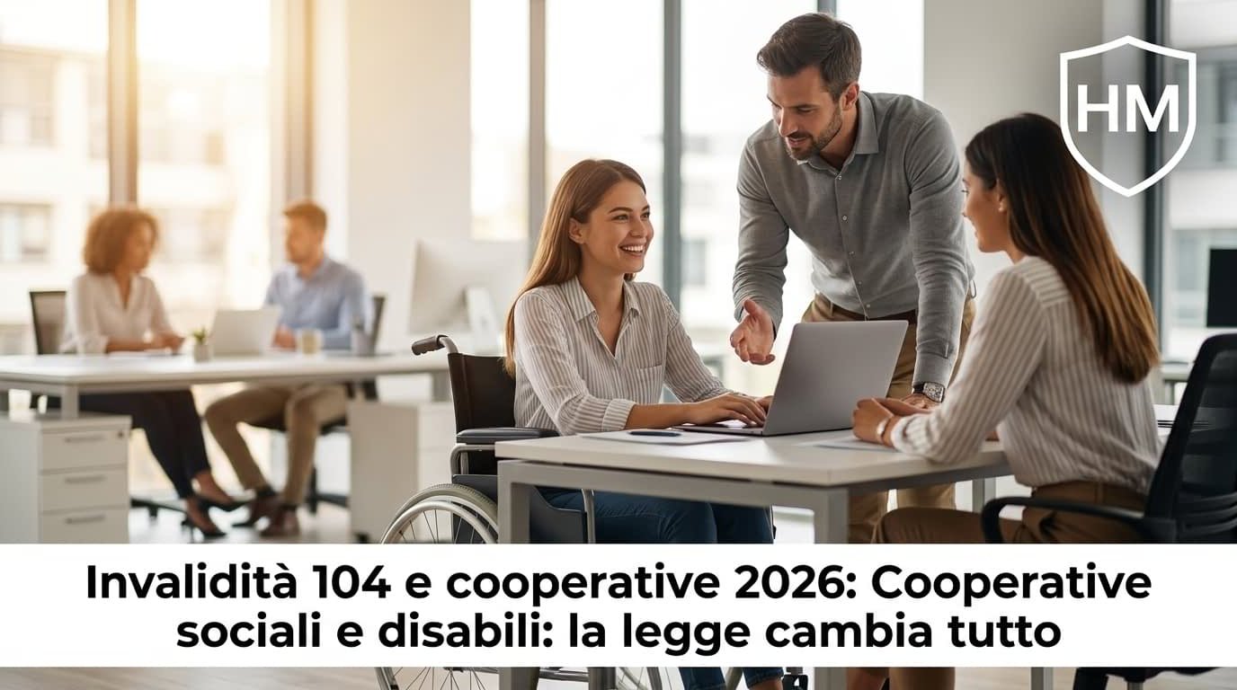 Persone al lavoro in un ufficio inclusivo con un dipendente in sedia a rotelle: tema Cooperative sociali e disabili e cambiamenti della legge 104 nel 2026.