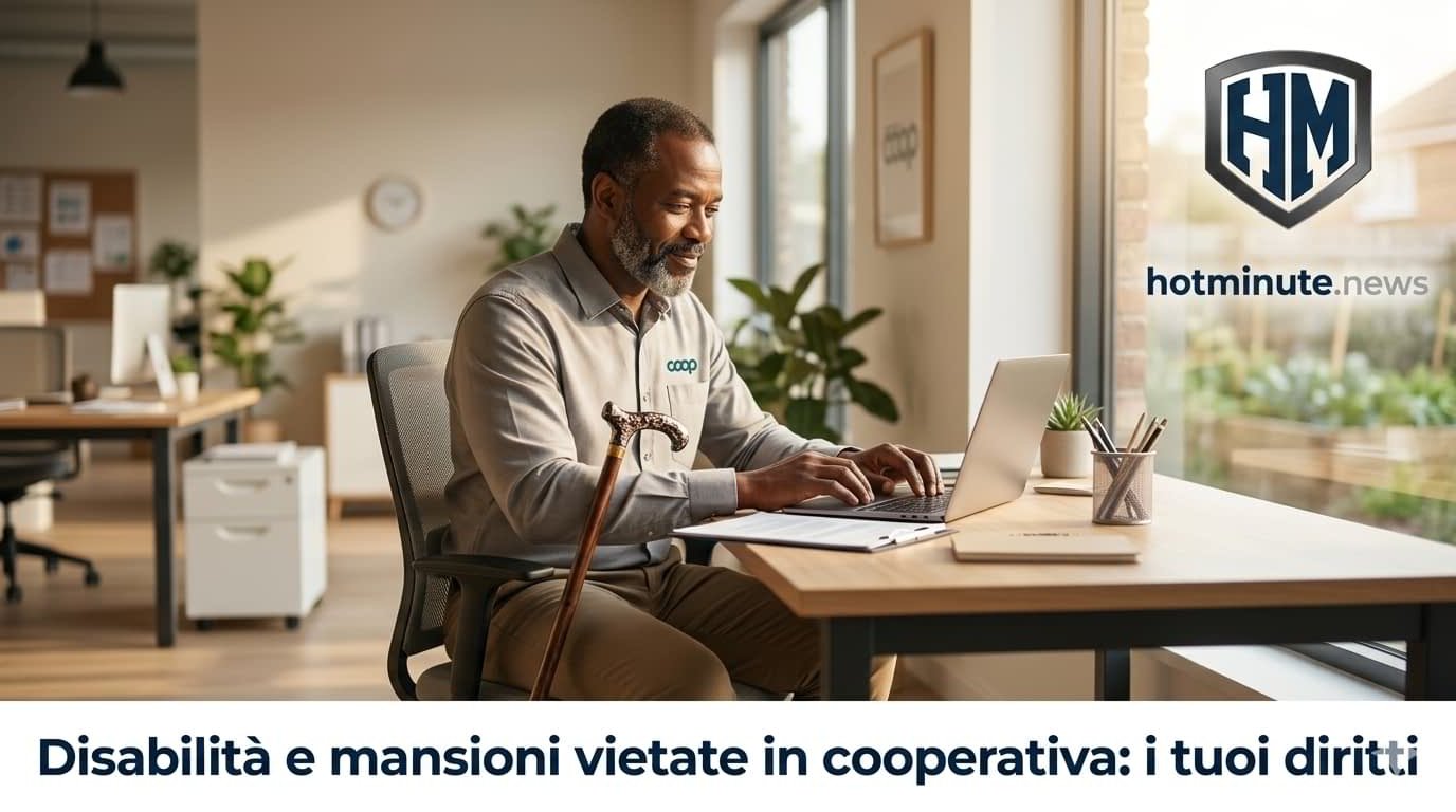 Lavoratore in ufficio con bastone da passeggio mentre usa il laptop: tema disabilità e mansioni vietate in cooperativa