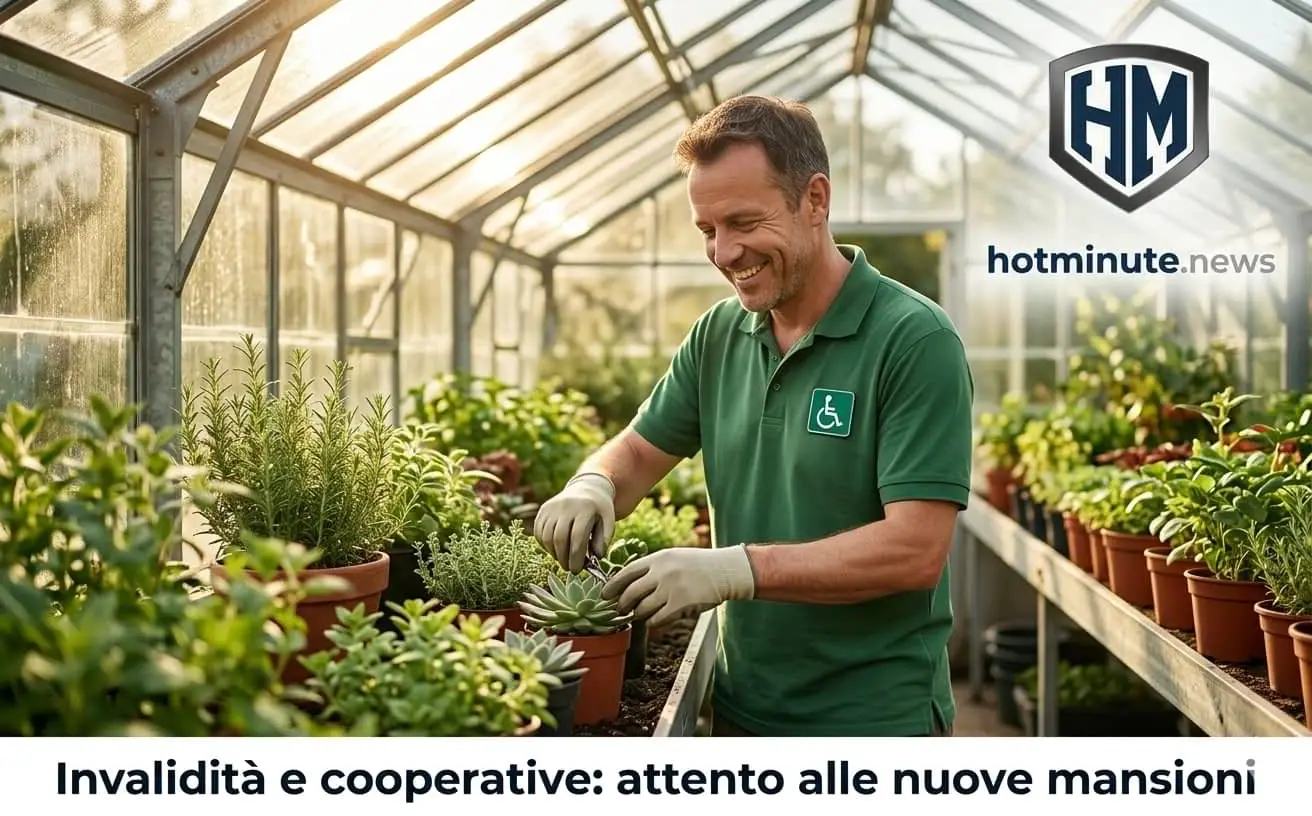 Invalidità e cooperative: Lavoratore in serra con simbolo disabilità per articolo su invalidità e cooperative.