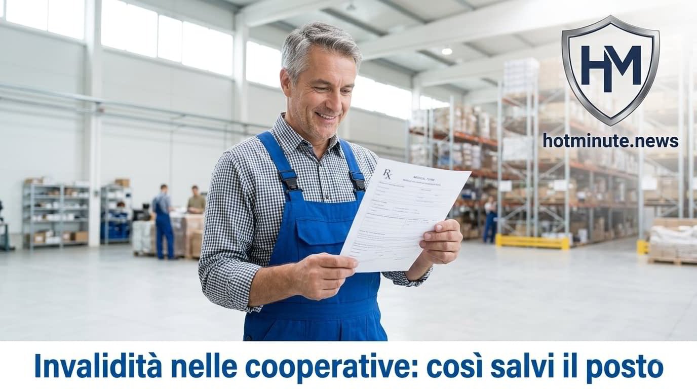 Operaio in magazzino che legge un documento sul lavoro, simbolo delle tutele per l’invalidità nelle cooperative nel 2026.