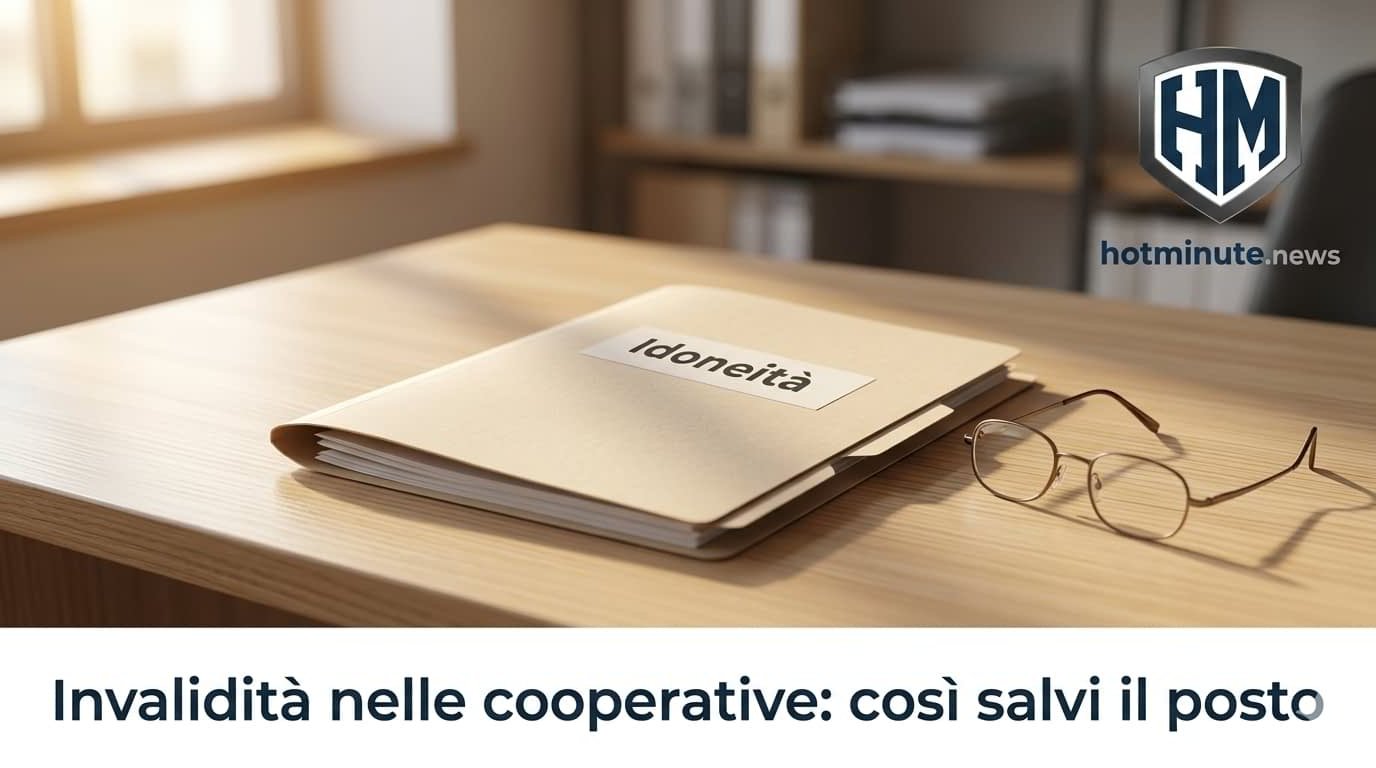 Cartellina con la scritta “Idoneità” su una scrivania d’ufficio con occhiali appoggiati, tema legato all’invalidità nelle cooperative.