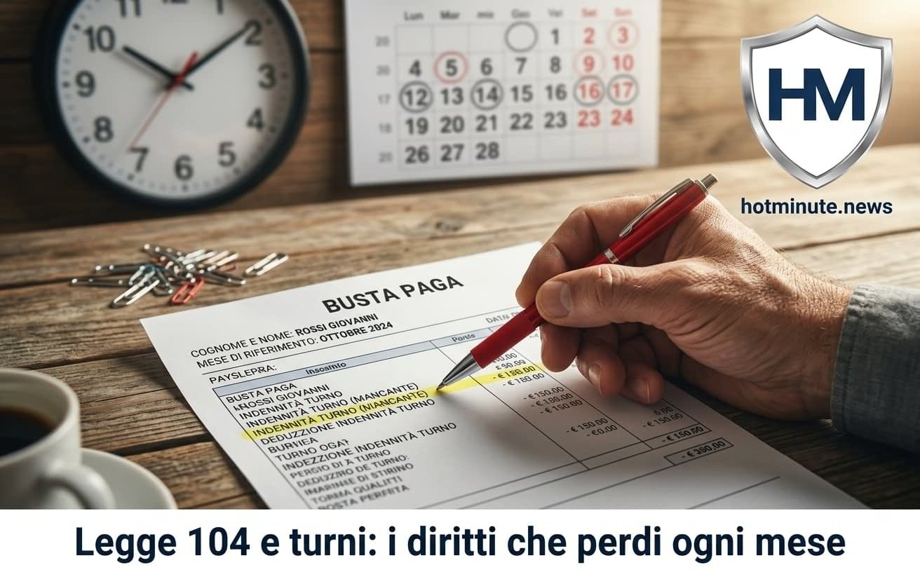 Busta paga con indennità di turno mancanti evidenziate mentre una persona la controlla, tema Legge 104 e turni