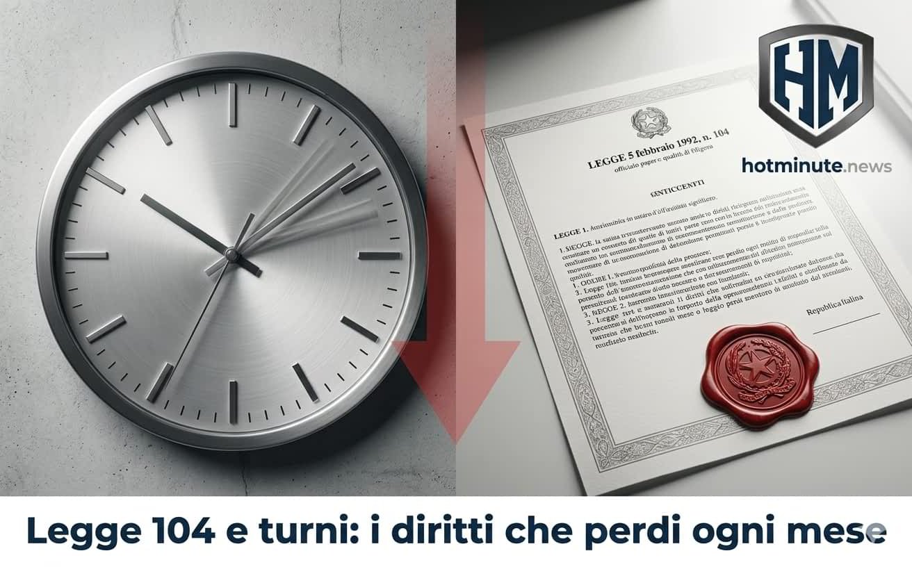 Orologio e documento ufficiale della Legge 104 affiancati, simbolo dei diritti legati ai turni di lavoro