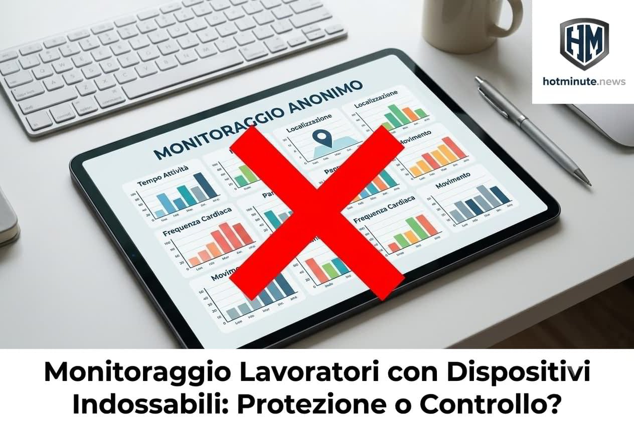 Tablet con grafici di monitoraggio anonimo e una X rossa che indica rifiuto del controllo dei lavoratori.