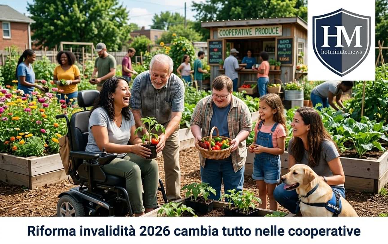 Persone che lavorano insieme in un orto comunitario con una persona in sedia a rotelle e un cane da assistenza, scena di inclusione legata alla riforma invalidità 2026 nelle cooperative