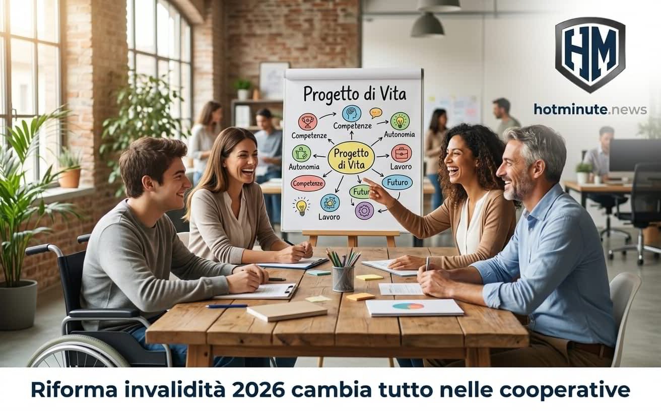 Riunione inclusiva con lavoratori e persona in sedia a rotelle davanti al grafico Progetto di Vita sulla riforma invalidità 2026 nelle cooperative