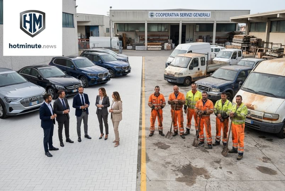 Gruppo di dirigenti e operai davanti alla Cooperativa Servizi Generali, simbolo dell’evoluzione delle cooperative nel 2026