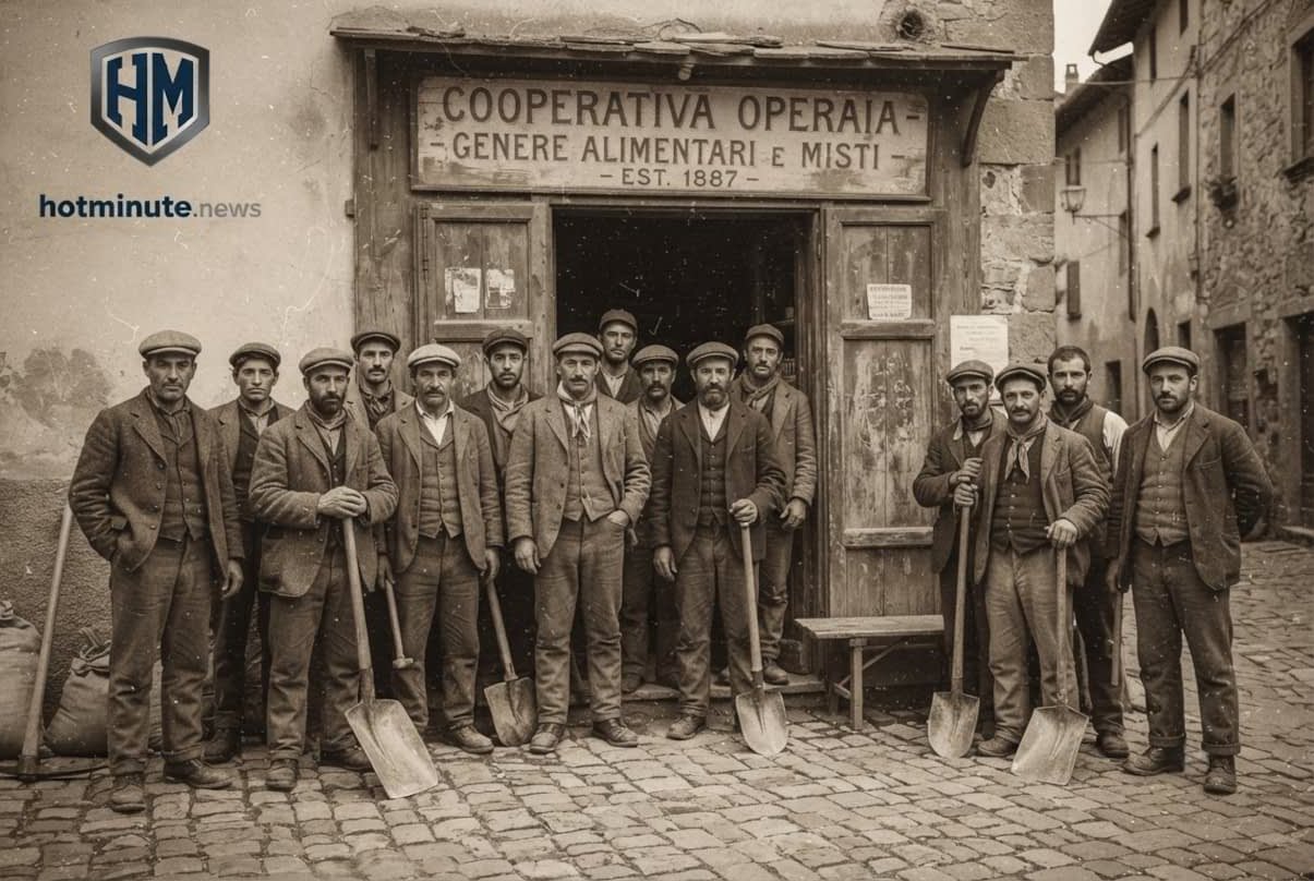 Foto storica di lavoratori davanti alla Cooperativa Operaia fondata nel 1887, simbolo dell’evoluzione delle cooperative